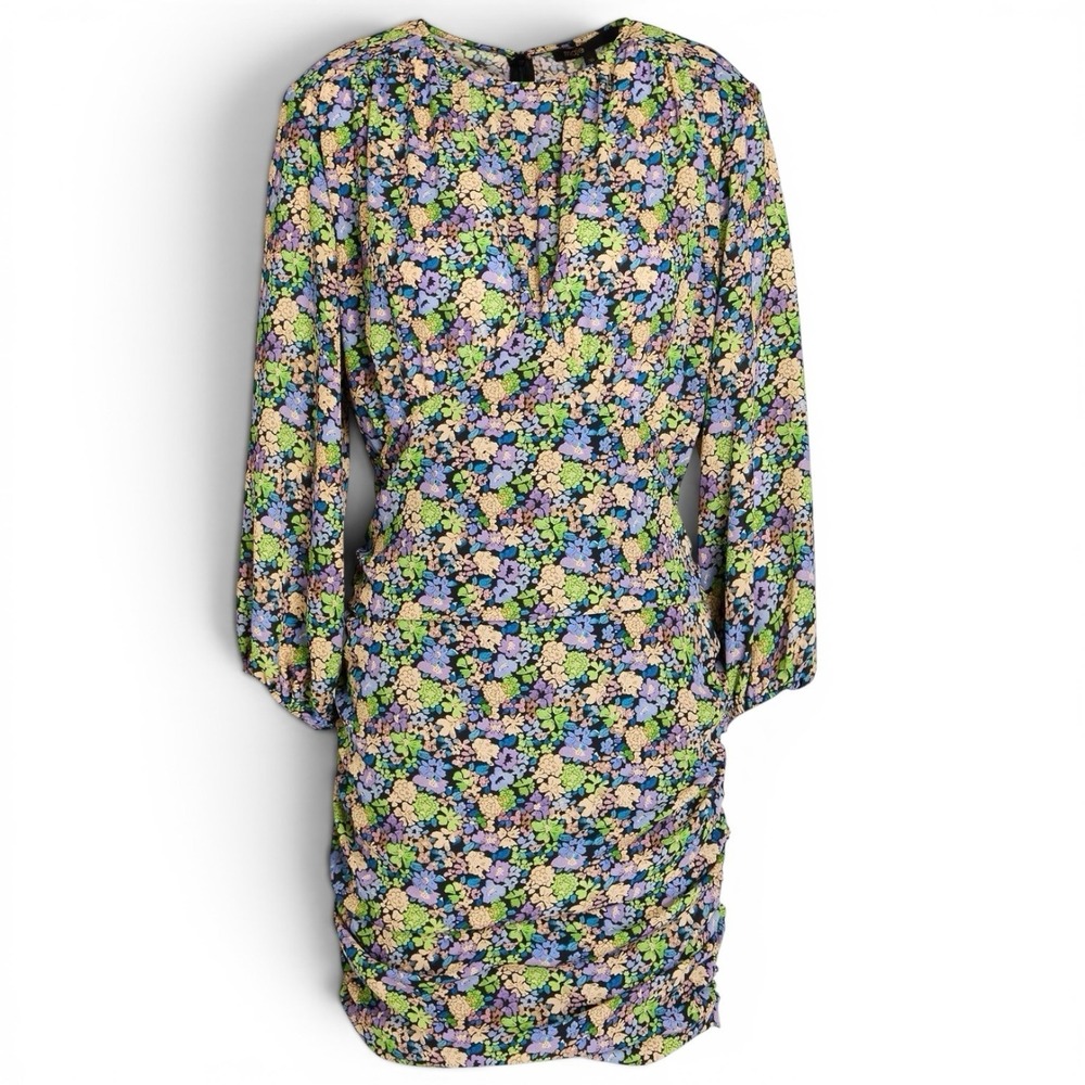 Maje Shirred Floral‎ Print Crepe Mini Dress Long Sleeve Ruched NWT Sz 38